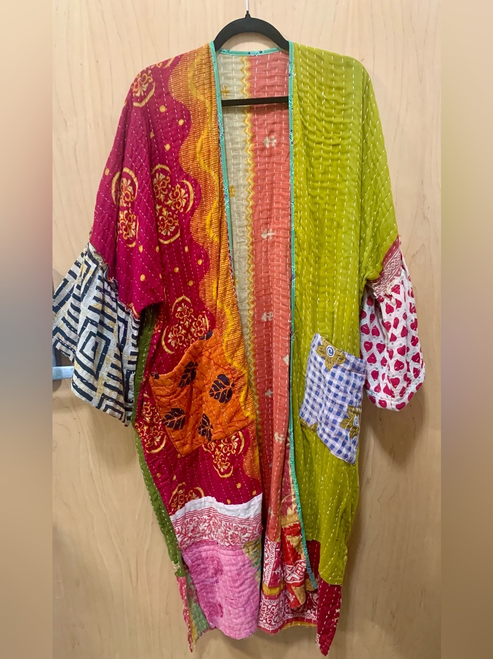 Reversible Vintage Kantha Kimono Duster Patchwork Pockets Boho